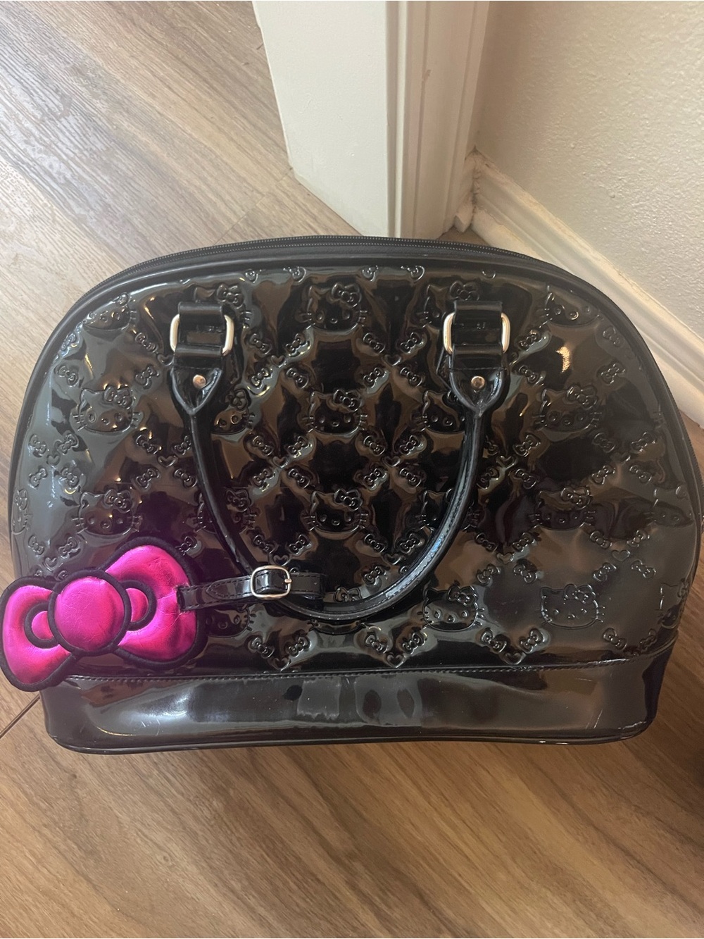Loungefly Hello Kitty Black Patent Dome Satchel with Pink Bow Charm